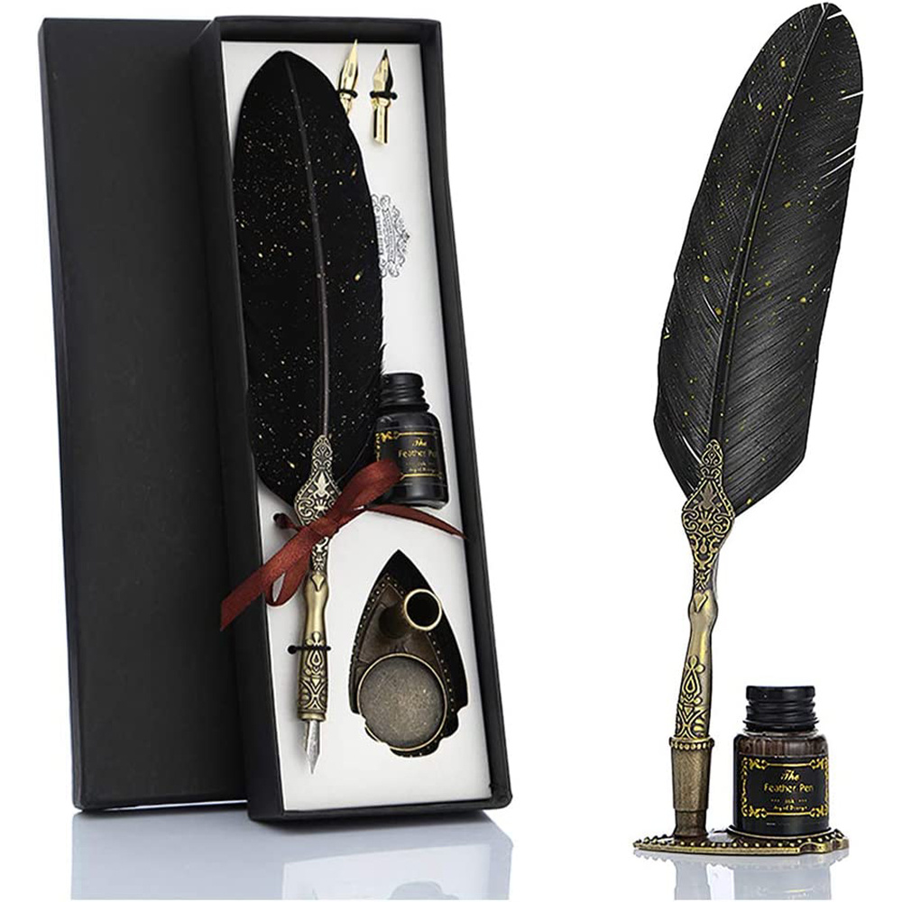 Customized Classic Elegant Feather Pen Antique Vintage Red Quill Pen and  Black Ink Set in Gift Box Gifts for Artists and Writers 