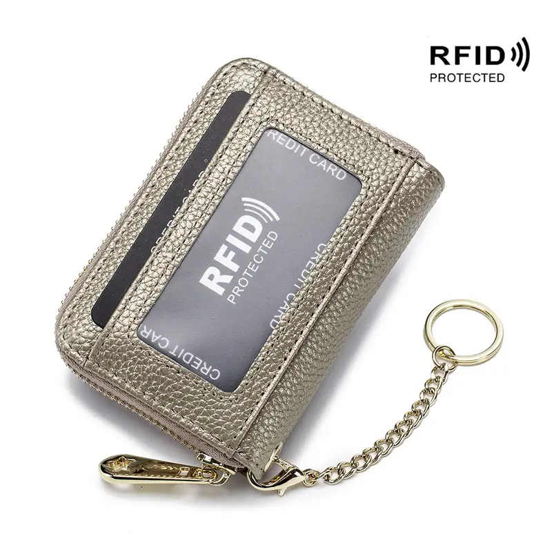 RFID Credit Card Holder Wallet with Keychain & ID Window Small Leather Zipper Card Case for Men and Women,Temu