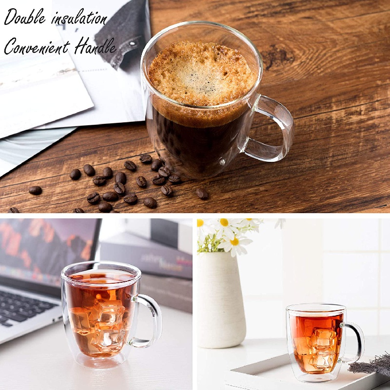 COFFEE MUGS Double Wall Cups Insulated Mug Glass Cups with Handle