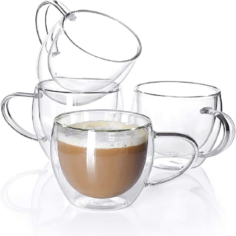Juego de tazas de café de vidrio de 4 piezas, juego de tazas de vidrio con  aislamiento de doble pared de 8 oz con asa, perfecto para espresso, café co