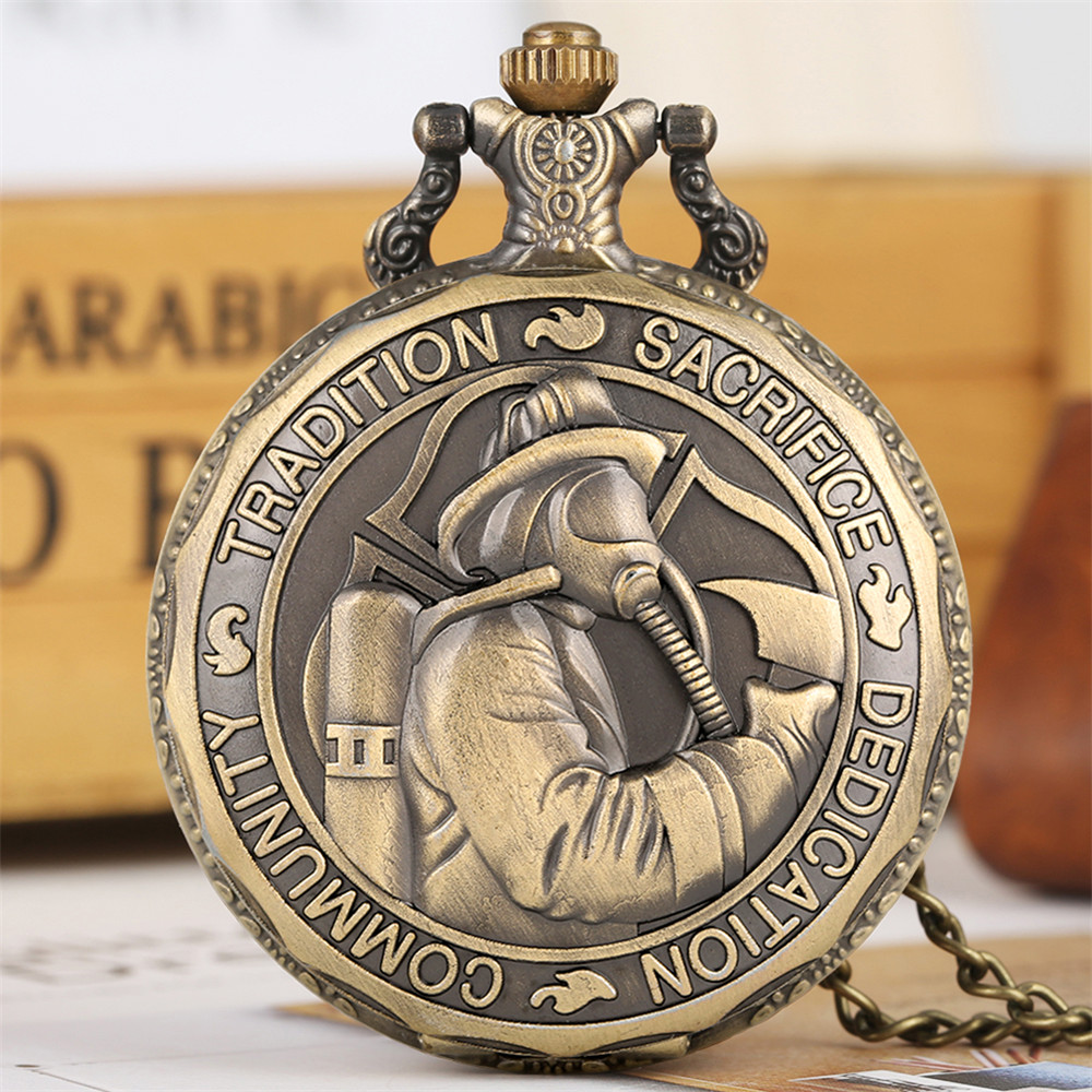 Classic Firefighters Pocket Watch – Embossed Bronze Quartz Souvenir Clock Gifts