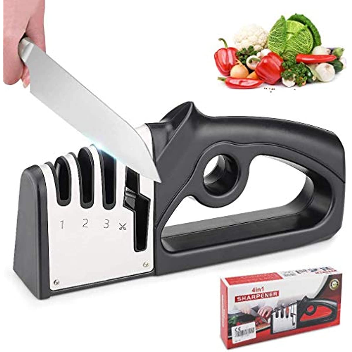 Knife Sharpener for Kitchen, 4 in 1 Knife and Scissors Sharpener, 4 Stages Professional Manual Sharpening Tool with Diamond, Tungsten Steel, Ceramic