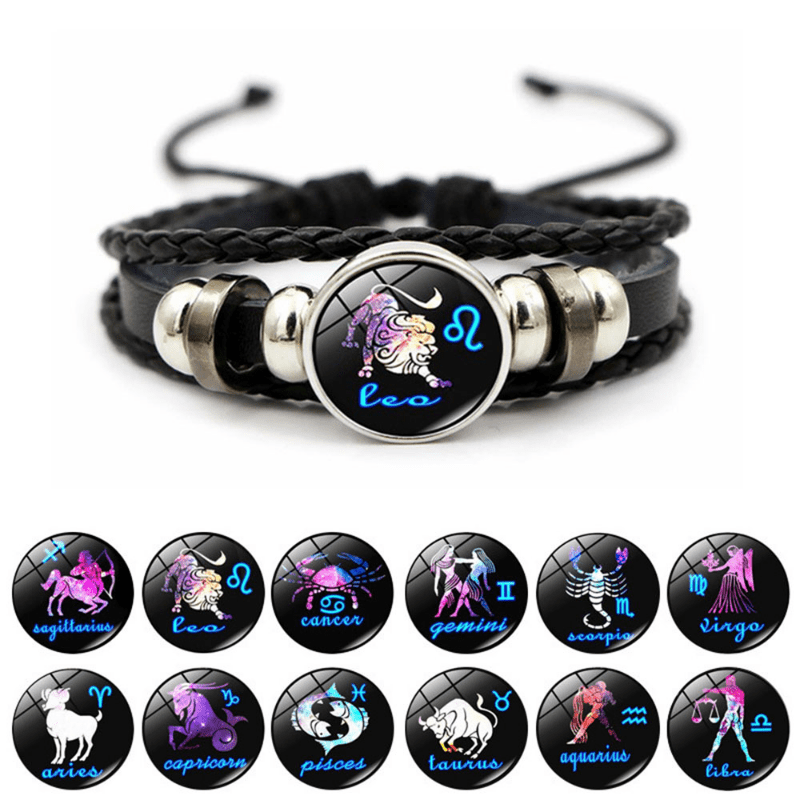 

Twelve Constellations Bracelet Handwoven Beads Retro Leather Zodiac Sign Beaded Bracelet Birthday Gift