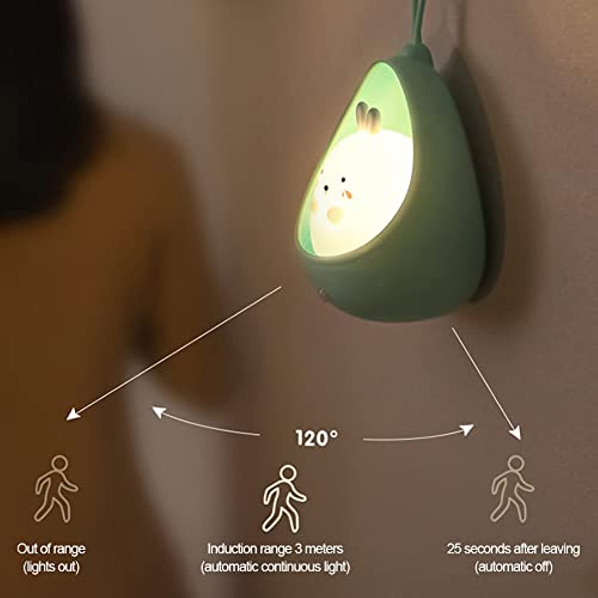 Luz nocturna LED con sensor de movimiento, luz nocturna para niños,  recargable por USB, 8 colores de iluminación, 3 modos de trabajo, para  dormitorio