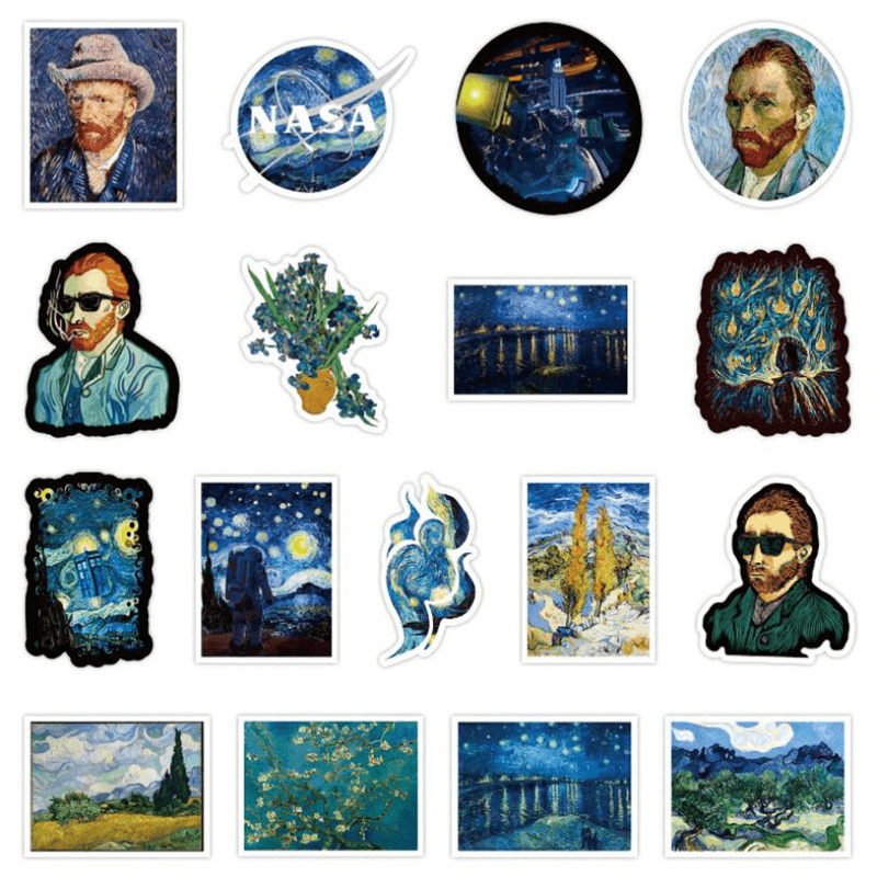 50 PCS Cartoon Van Gogh Oil Painting Exhibition Diary Book Graffiti Luggage  Laptop Toy Decoration Sticker Wholesale