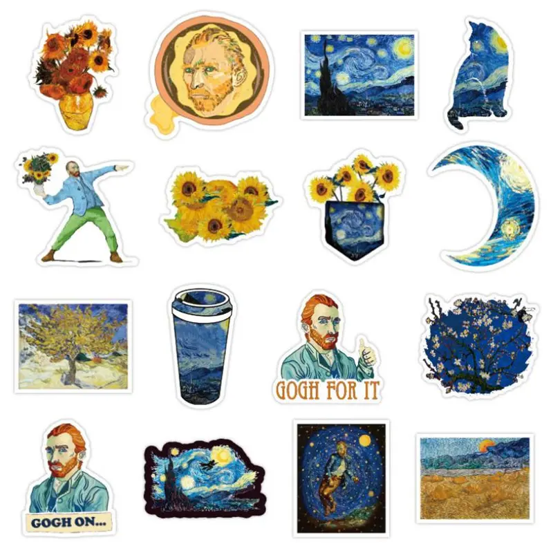 50 PCS Cartoon Van Gogh Oil Painting Exhibition Diary Book Graffiti Luggage  Laptop Toy Decoration Sticker Wholesale
