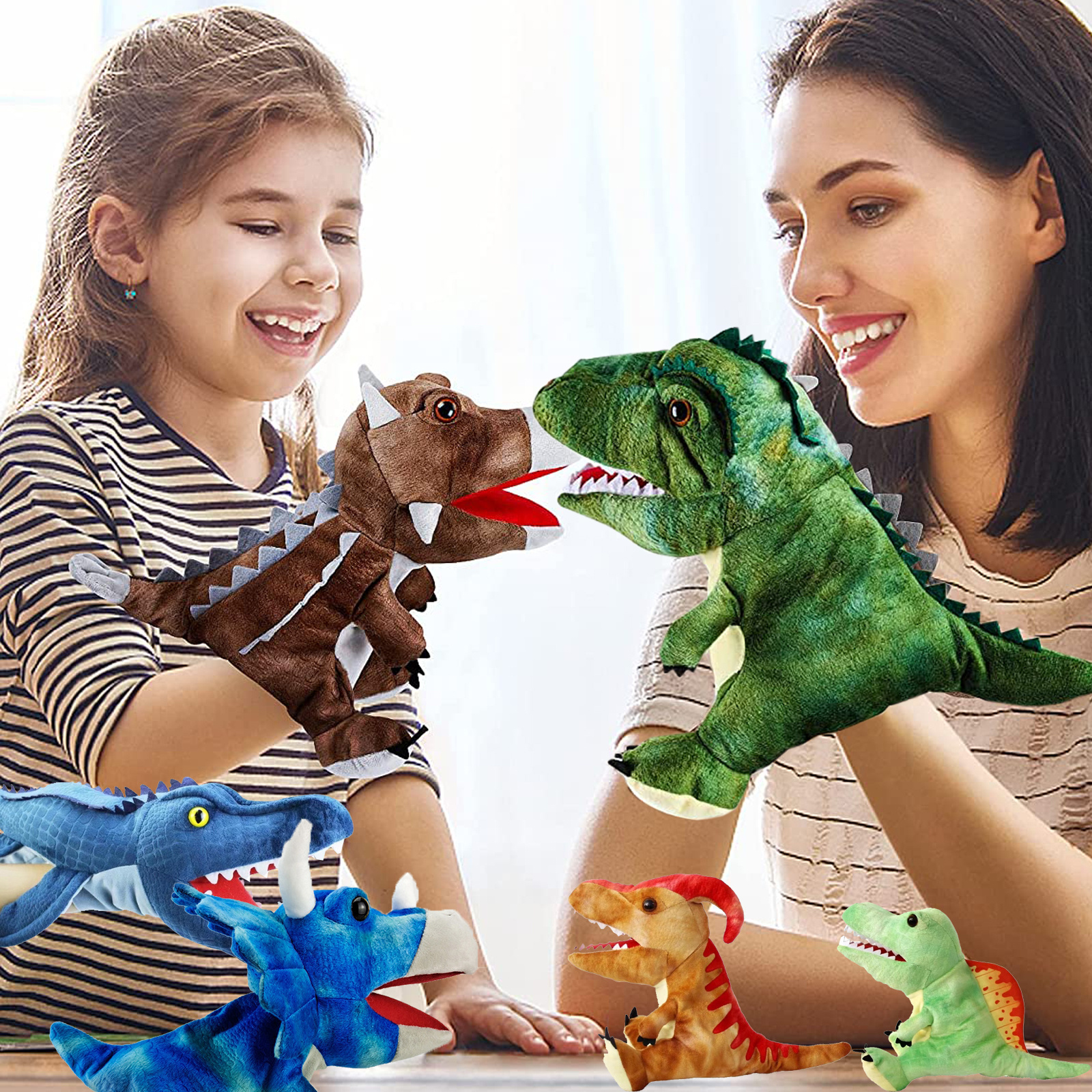 PREXTEX Juego de animales de peluche de dinosaurio T-rex de 15 pulgadas con  4 juguetes de dinosaurio de peluche en el interior, bolsa grande con