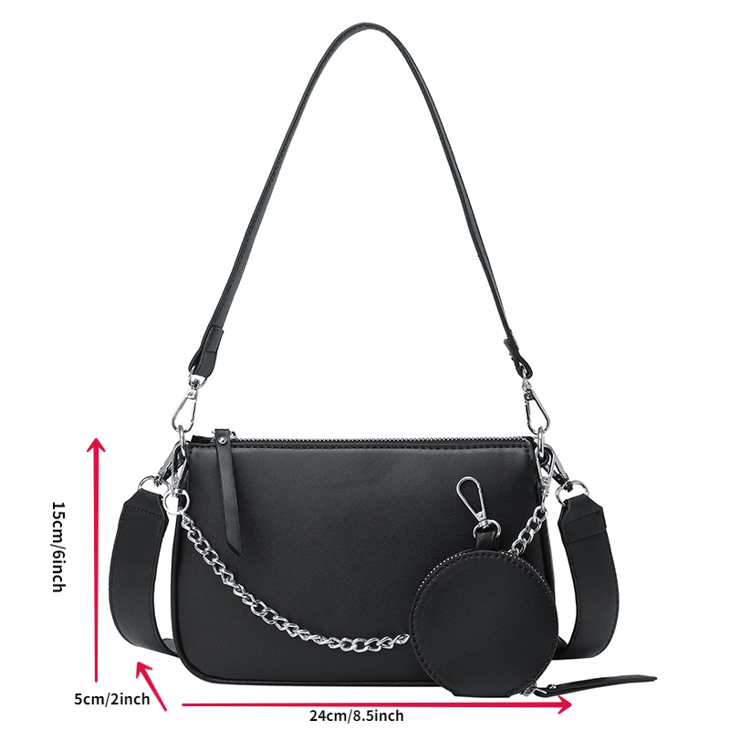 Black Handbag with Black Leather Chain Shoulder Strap Set
