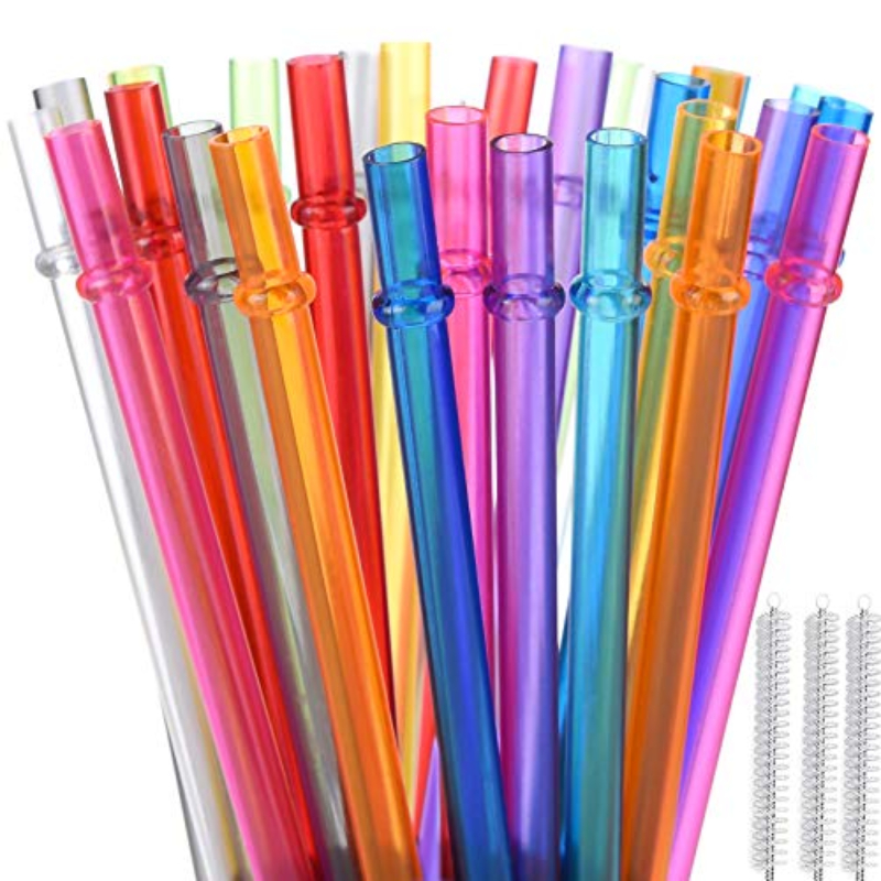 Long Rainbow Color Reusable Polymer Plastic Replacement Straws For 20oz (About 591.4ml) 30oz (About 850.5ml) Tumblers, 10 Sets With Cleaning Brush