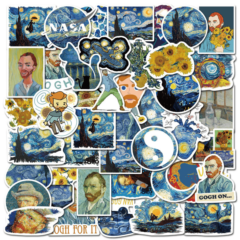 50 PCS Cartoon Van Gogh Oil Painting Exhibition Diary Book Graffiti Luggage  Laptop Toy Decoration Sticker Wholesale