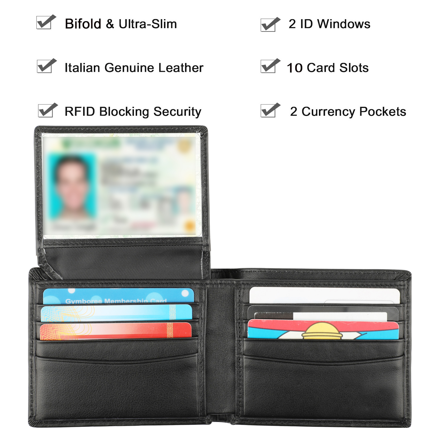 Rfid Blocking Cowhide Leather Bifold Wallet For Men With 2 Id Windows Black  Carbon Fiber - Temu