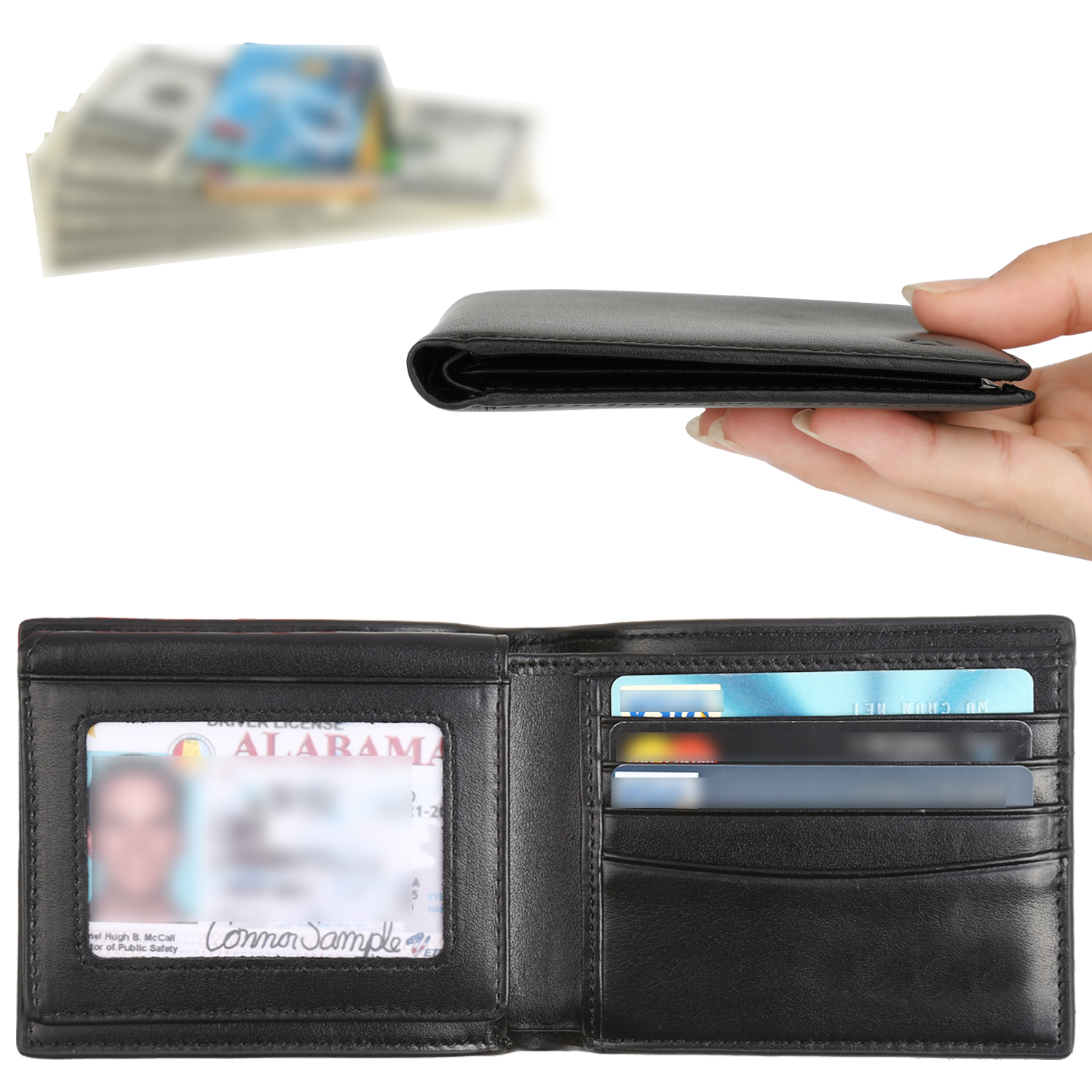 Rfid Blocking Cowhide Leather Bifold Wallet For Men With 2 Id Windows Black  Carbon Fiber - Temu