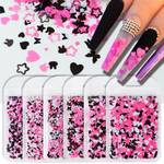 Shimmering Valentine's Day Nail Art Decals - Pink, White, and Black Heart, Rabbit, and Star Sequins with Holographic Glitter Flakes for Sparkling Nail Art