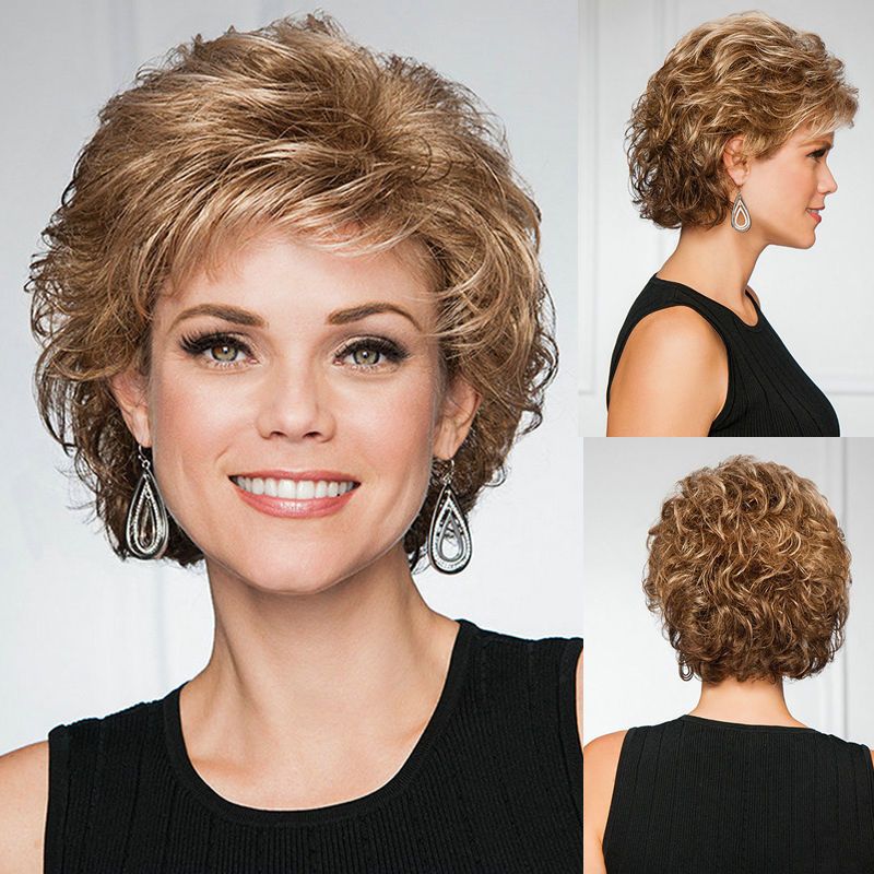 Brown Blonde Ladies Realistic Natural Full Head Cover Short Curly Hairstyle  Wig | Don't Miss These Great Deals | Temu