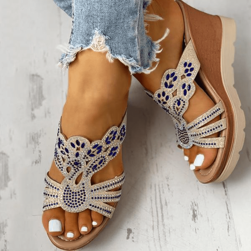 Women's Rhinestone Cut Out Wedge Sandals Open Toe Non Slip Slides Shoes ...