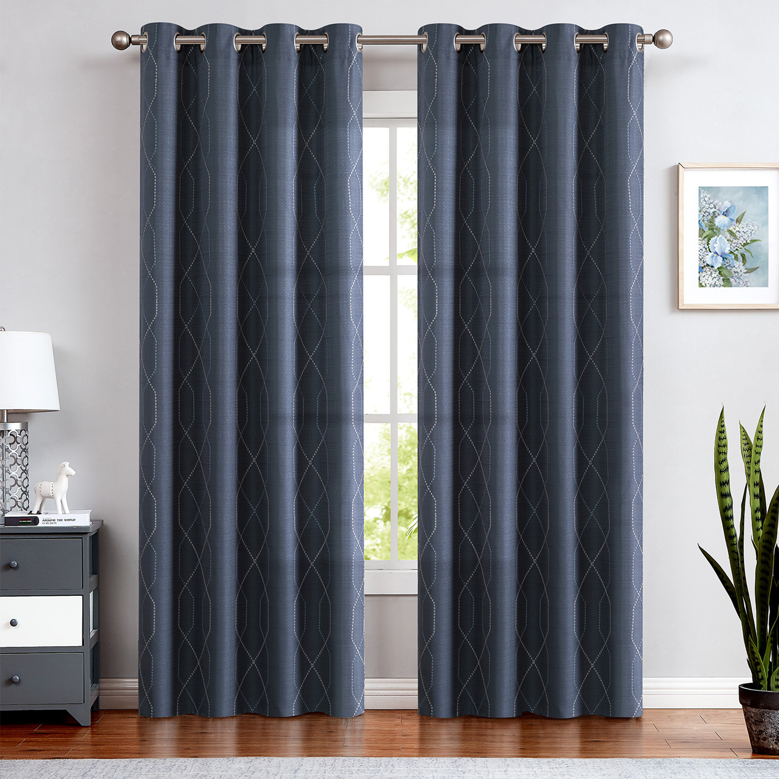 2 Panels Linen Textured Geometric Jacquard Curtains For Living