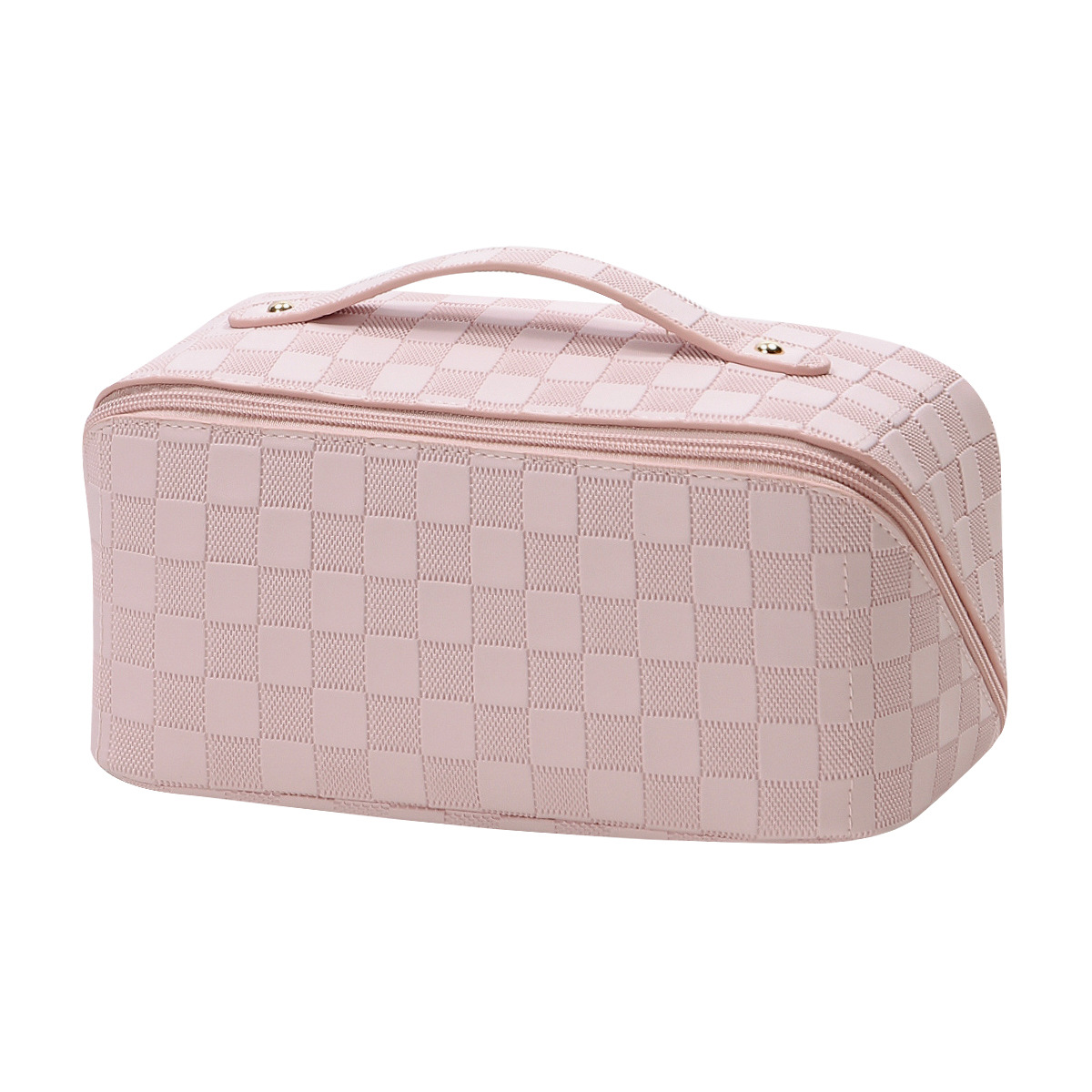Cessfle Large Capacity Travel Cosmetic Bag Plaid Checkered Makeup Bag Portable Leather Waterproof Skincare Bag with Handle and Divider for Women
