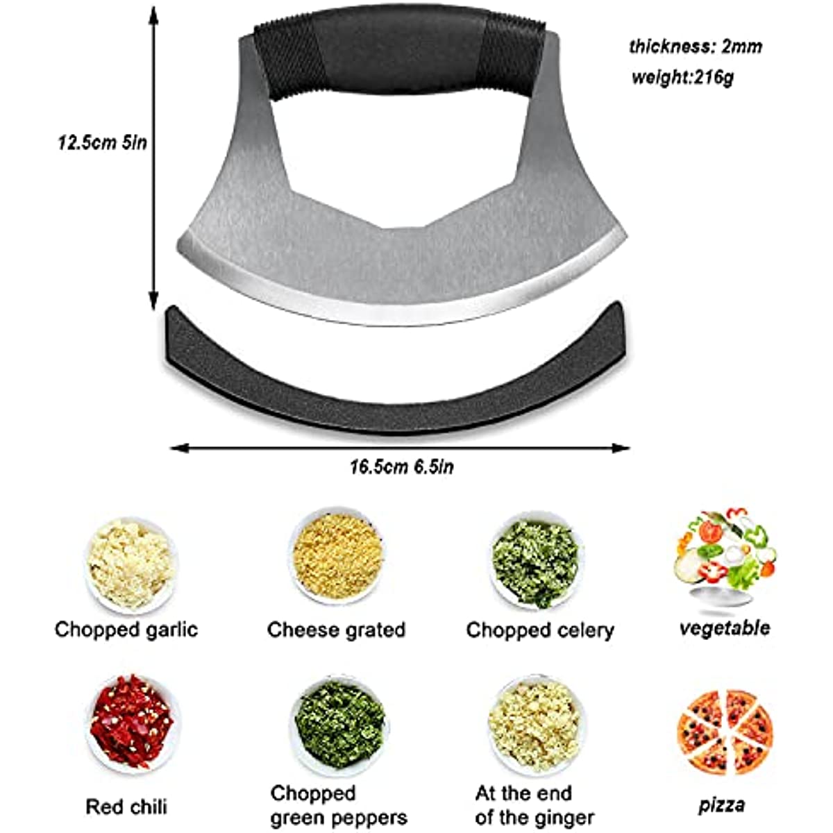 Salad Chopper Mezzaluna Knife with Protective Cover and Anti-Slip Handle  Stainless Steel Chopper Vegetable Cutter Onion Chopper Mincing Knife Pizza  Cutter