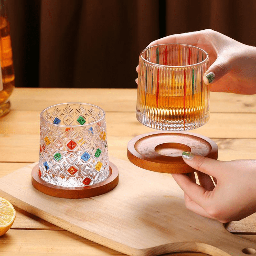 Retro Rotating Whisky Decompression Cup With Bamboo Coaster Spinning Top  Stress Relief Wine Enjoyable Cups Whiskey Relaxed Glass