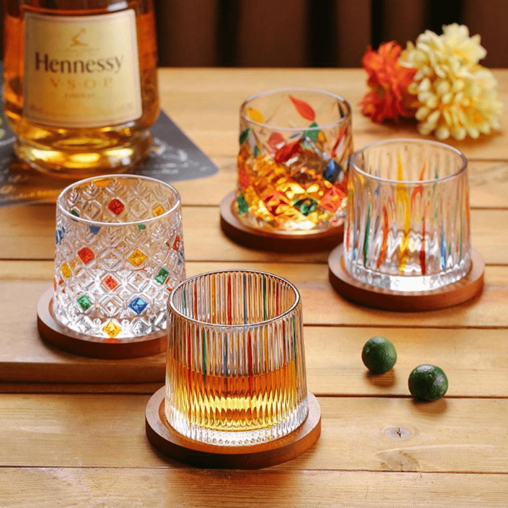 Crystal Cut Flower Design Heavy Base Whiskey Glasses Unique