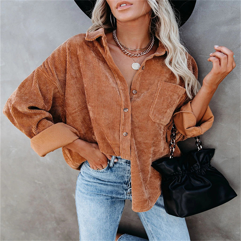 

Corduroy V-neck Loose Lapel Blouses, Casual Button Down Long Sleeve Fashion Shirts Tops, Women's Clothing