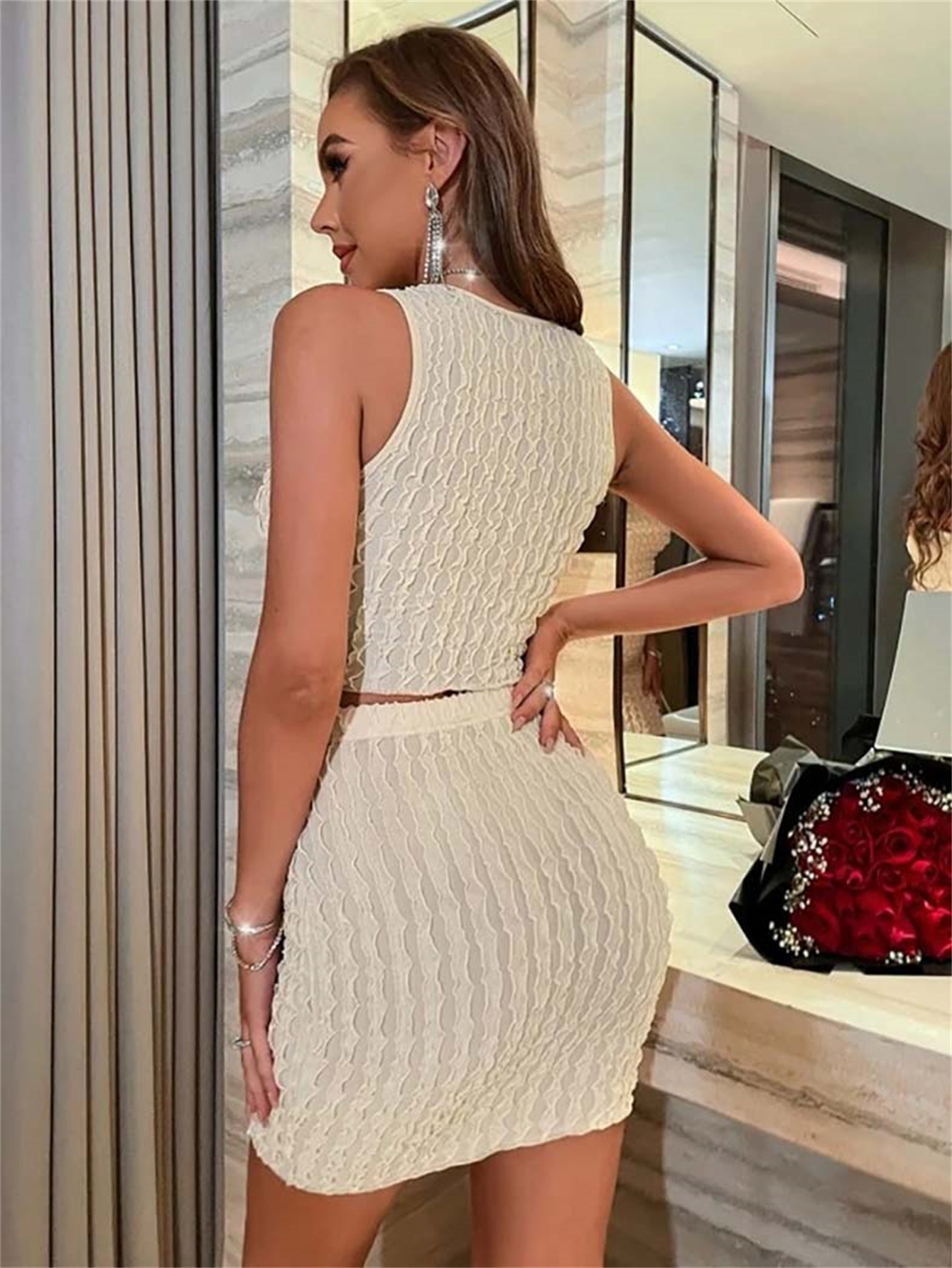 Popcorn Style Ruched 2pcs Set Crop Tank & Skirt