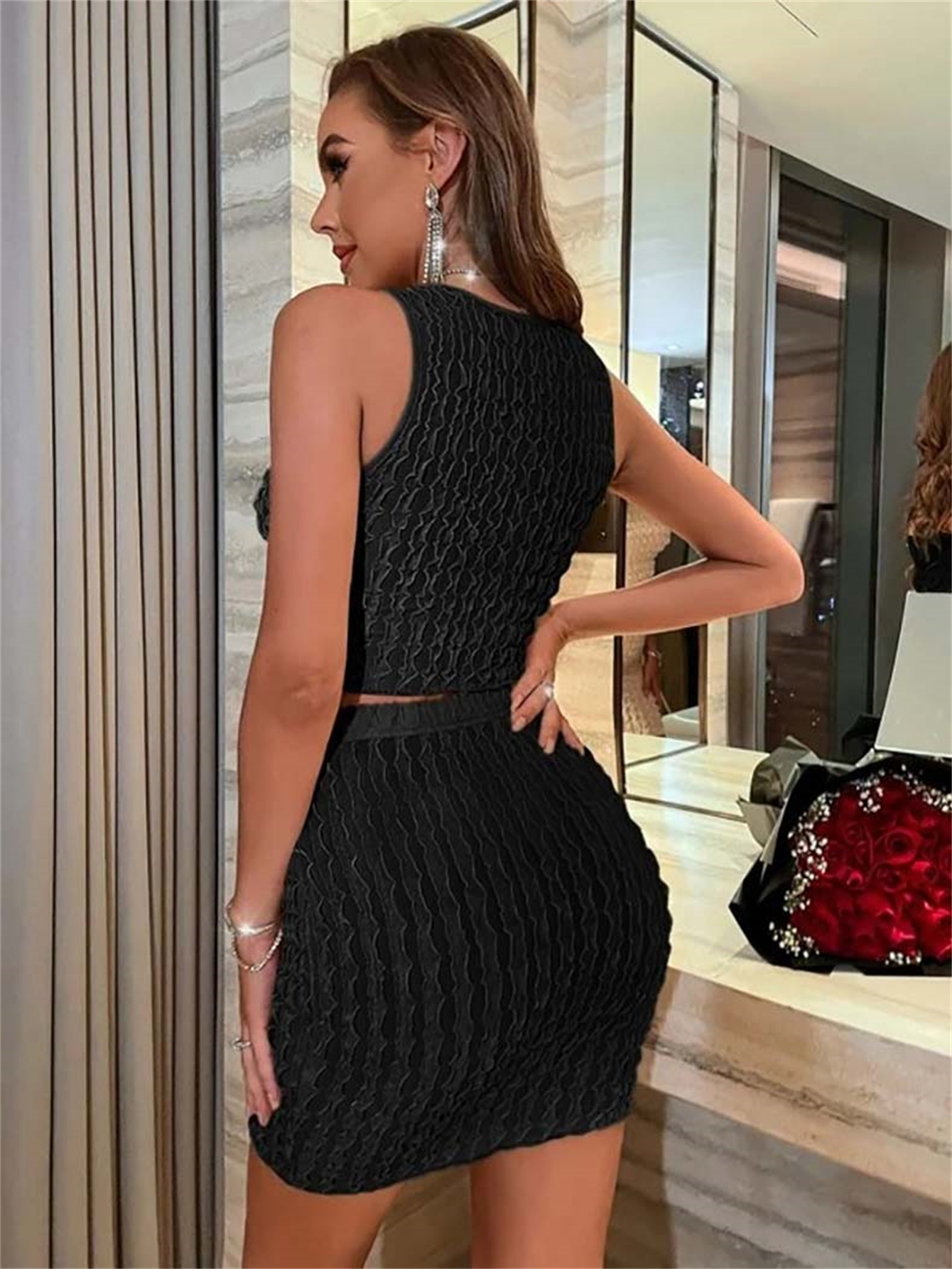 Popcorn Style Ruched 2pcs Set Crop Tank & Skirt