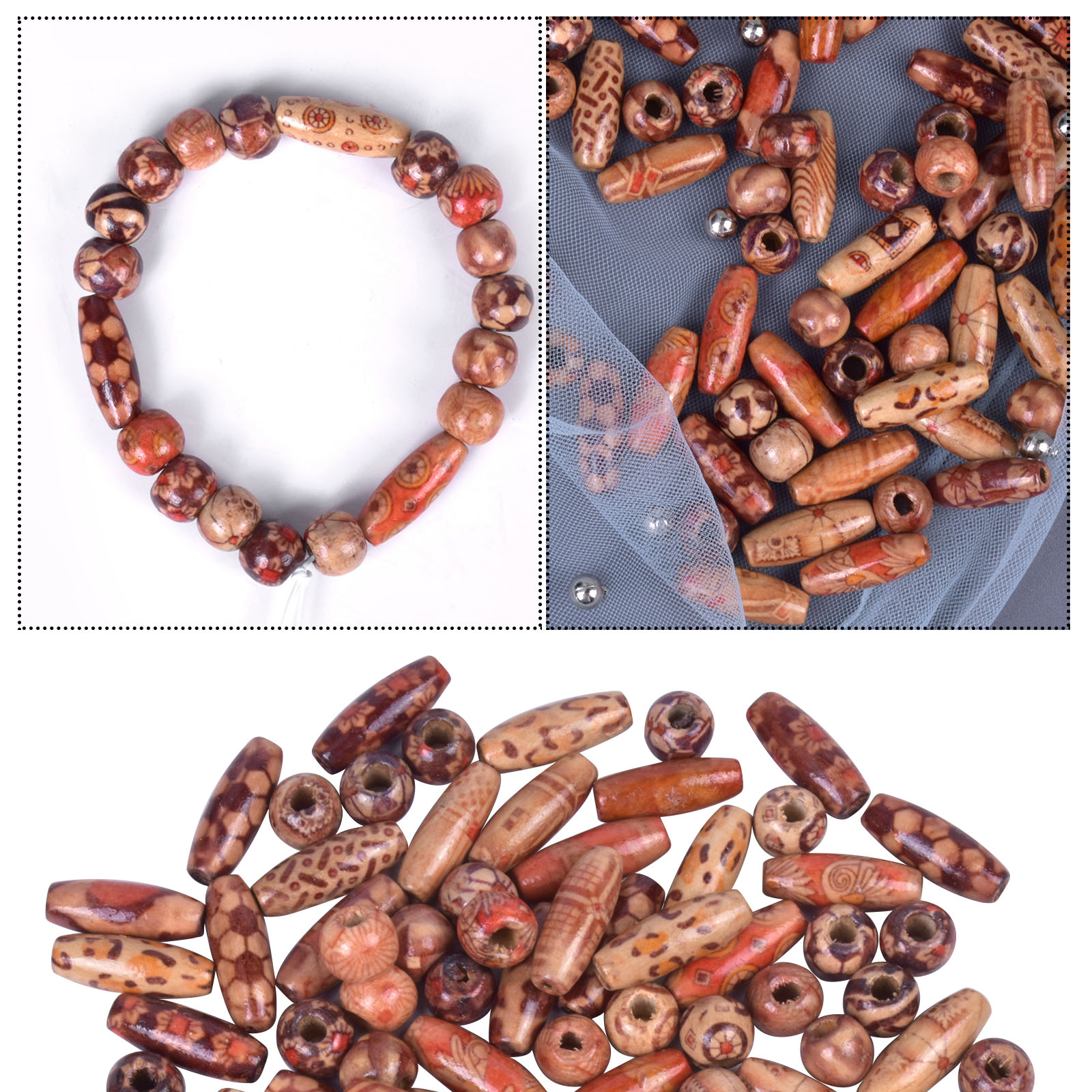 Printed Wooden Beads Loose Wood Beads Mixed Size Shape - Temu
