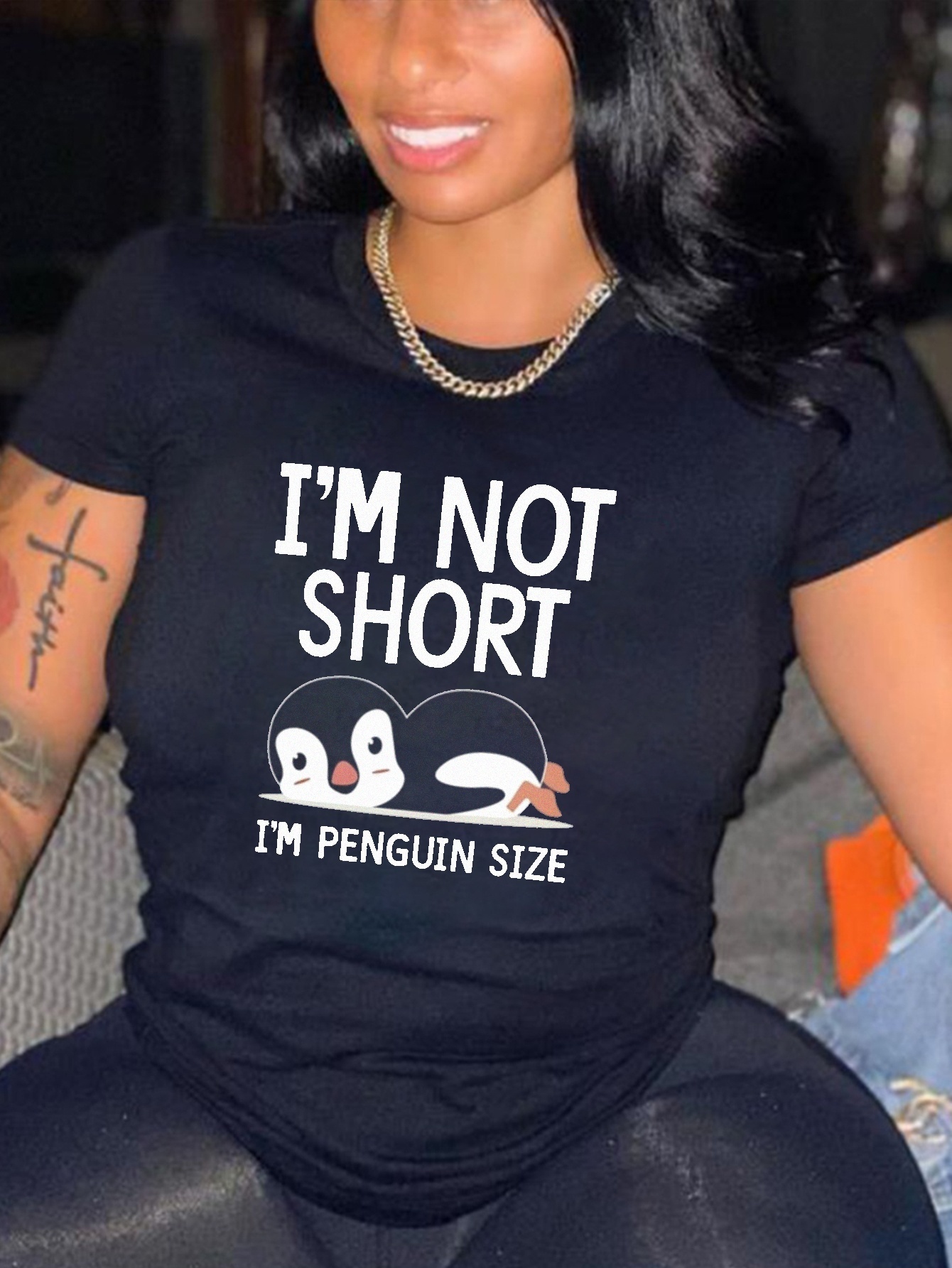 Plus Size Casual T-shirt, Women's Plus Cute Penguin & Slogan Print Short  Sleeve Round Neck Slight Stretch T-shirt - Temu