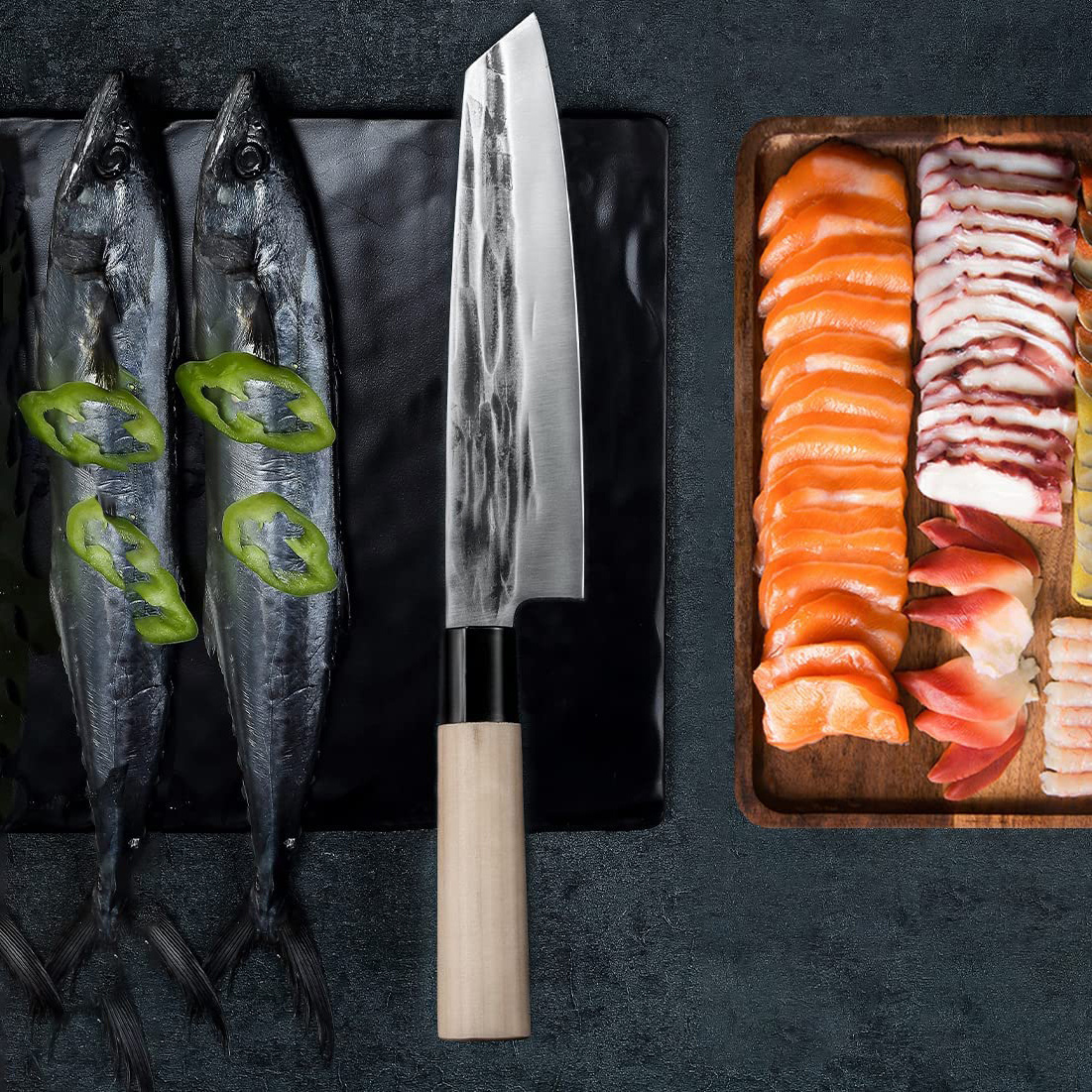  Huusk Cuchillo japonés Kiritsuke de 8 pulgadas, cuchillo de  chef profesional, acero de alto carbono forjado a mano, cuchillo de pescado  de sushi japonés, mango ergonómico de madera de Pakka 