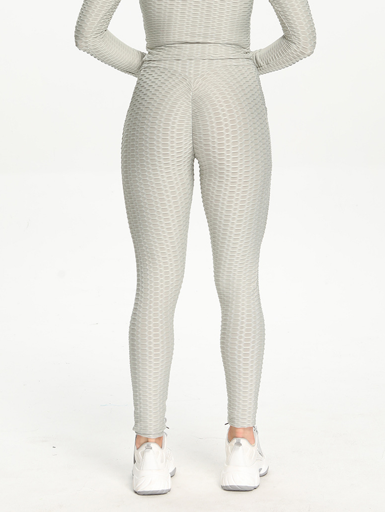 Solid High Waist Honeycomb Sports Pants, High Stretchy Side Pocket