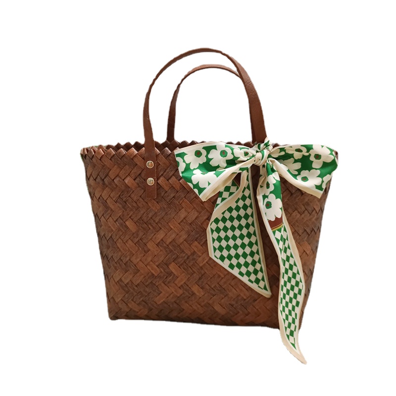 Vintage Bamboo Woven Hand Bag Scarf Decor Stylish Tote Bag Women's Satchel  Purse For Shopping