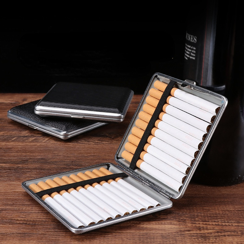 Retro Metal Leather 20 Cigarette Case Double Sided Spring Clip