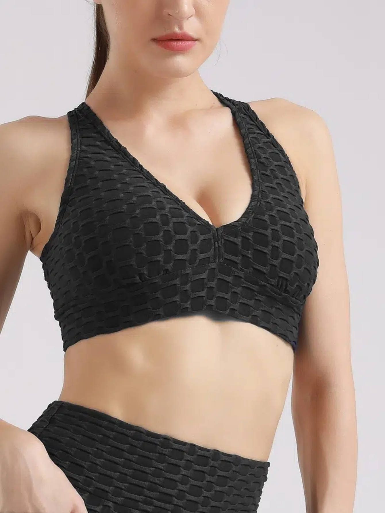 Solid Halter Neck Sleeveless Sports Bra Textured Honeycomb - Temu
