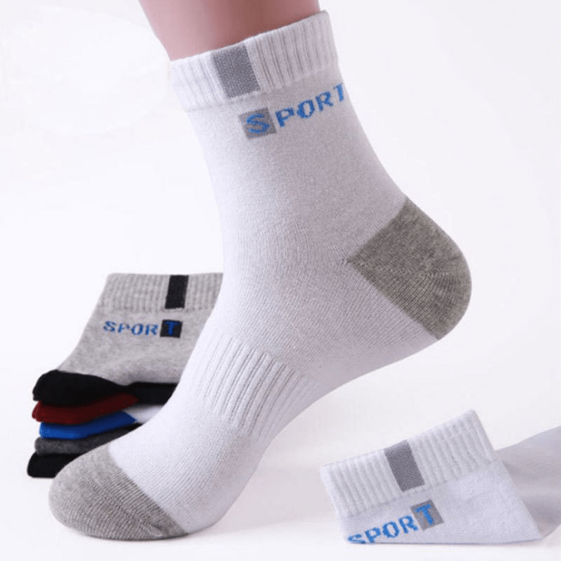 

5pairs Men's Cotton Socks, Casual Sports Socks, Fashion Sweat-absorbing Breathable Comfy Crew Socks For Autumn Winter, Athletic Socks