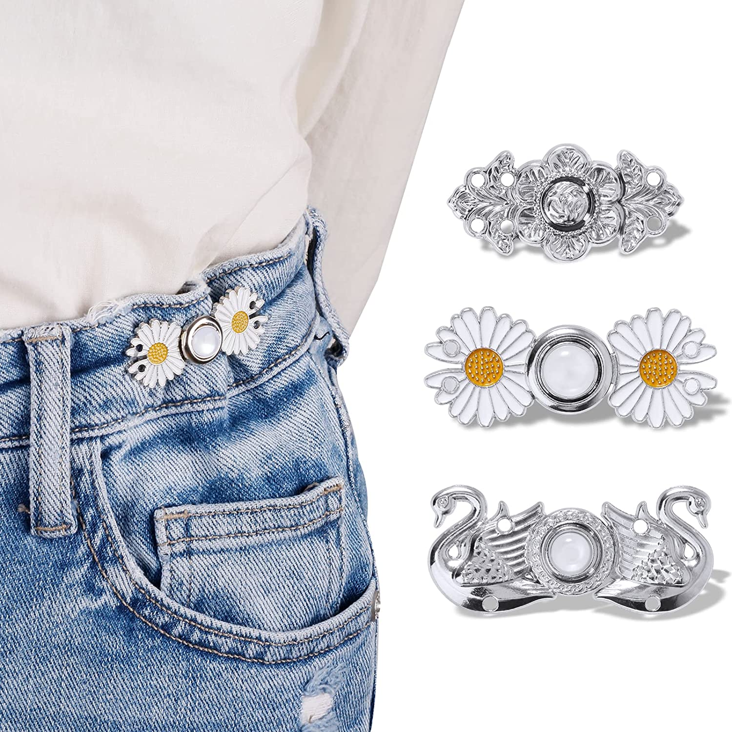  SEILETOO 6 Set Pant Waist Tightener, Bear and Daisy Flower Jean  Buttons Pins, Jean Buttons for Loose Jeans, No Sewing Required Pants Clips  for Waist