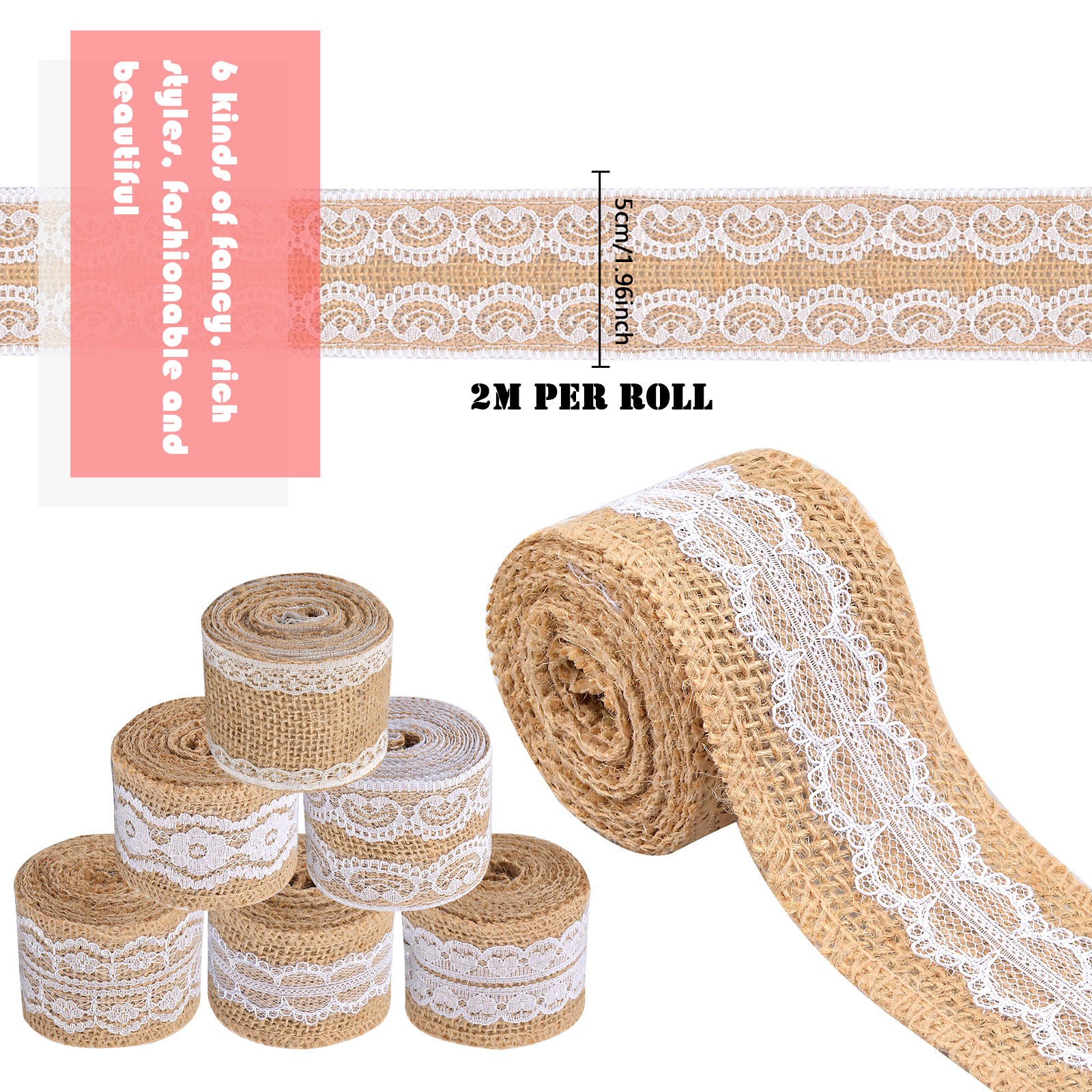 6 Yards, Natural Burlap with White Lace Ribbon Wedding Decorations for  sale online