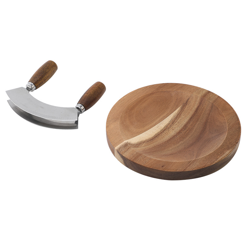 Stainless Steel Mezzaluna Knife And Wood Cutting Board Set - Temu