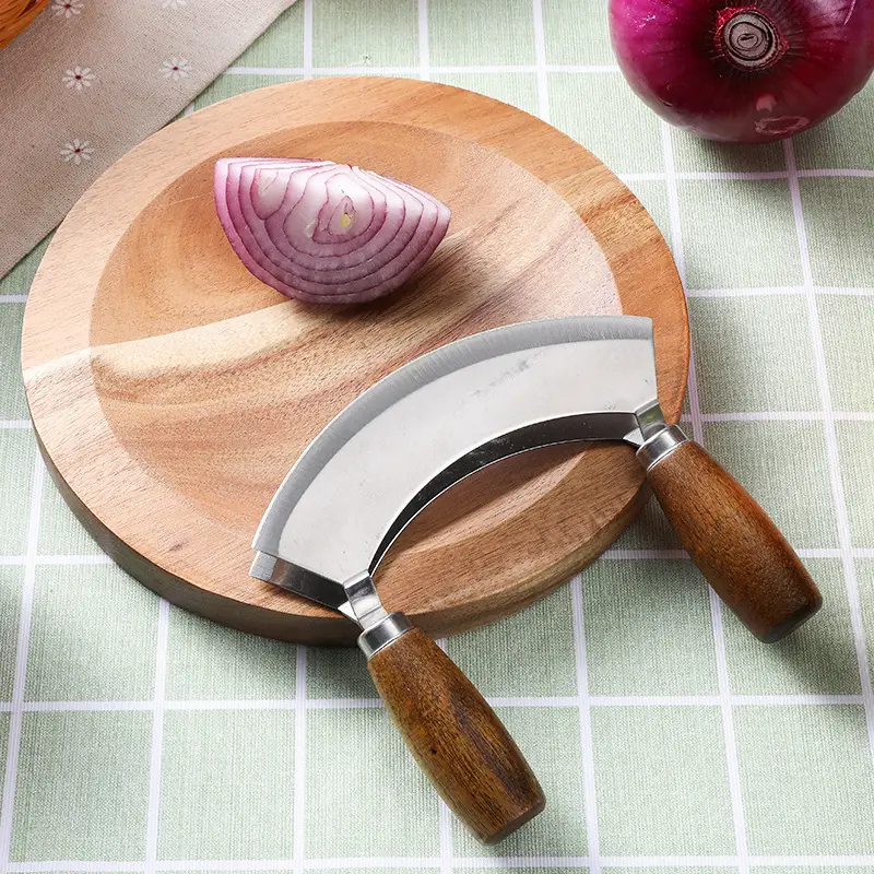 Stainless Steel Mezzaluna Knife And Wood Cutting Board Set - Temu