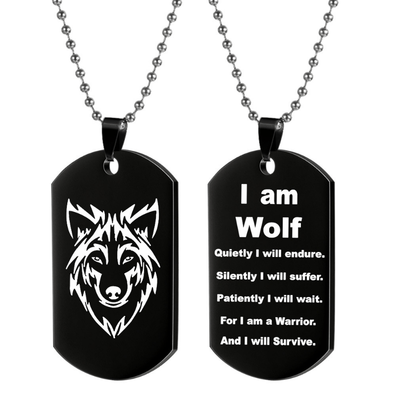 Stainless Steel Wolf Head Dog Tag Pendant Necklace Men's Double