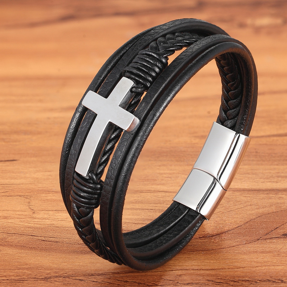 XQNI Men&#39;s Braided Faux Leather &amp; Bracelet with Cross Pendant - 3-Tone Plated Durable Clasp, 7.48/8.27/9.06inch Adjustable Sizes, Genuine Faux Leather &amp; Mirror Finish - Stylish Christmas Gift for Him, Casual Wristwear, Sophisticated Style, Highquality Finish