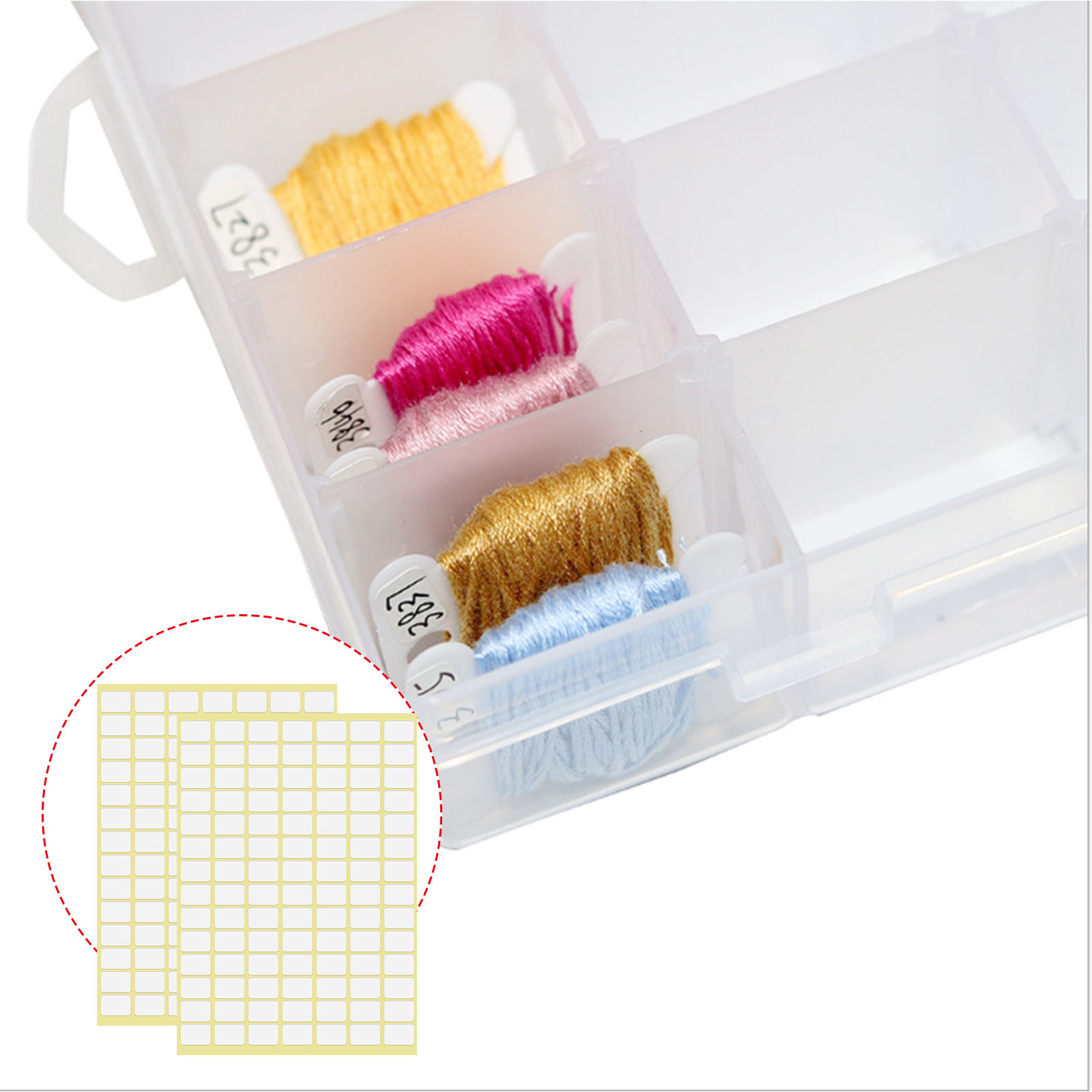 Embroidery Floss Organizer Box, 17 Compartment Plastic Box with Lid,  Embroidery Thread Organizer with 100 Cardboard Bobbins and 640 Floss Number  Stickers