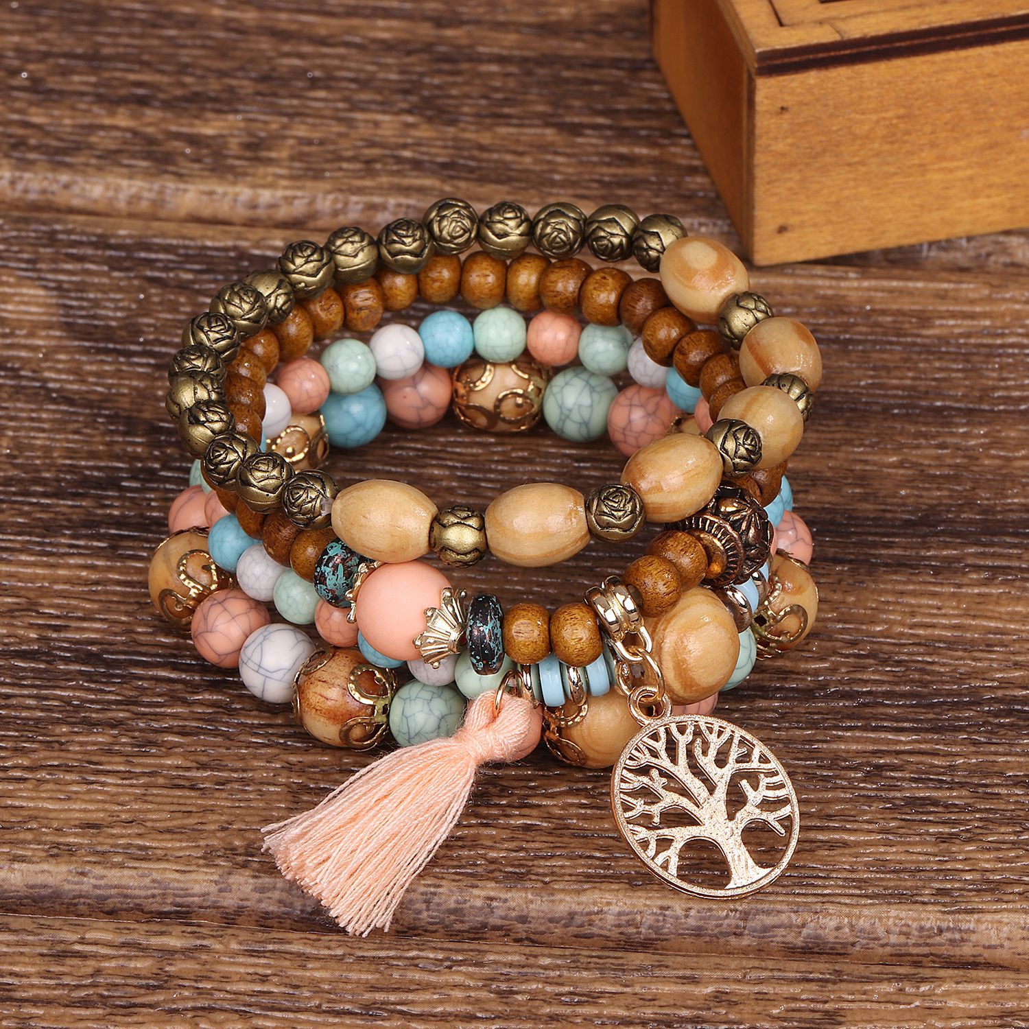 Tree Life Pendant Multilayer Beaded Bracelet Round Bead - Temu