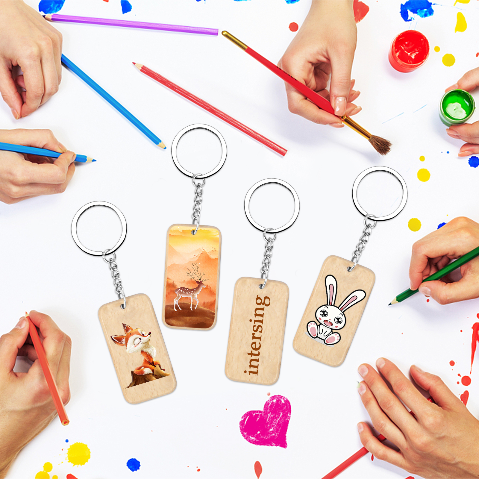 Wooden Keychain Making Kit Diy Wooden Pendant With Key Rings - Temu