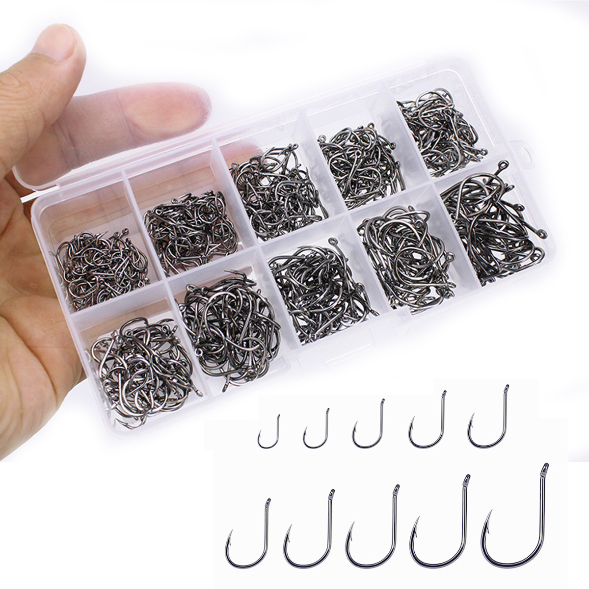 scheibe 500pcs High Carbon Steel Fishing Hooks with Plastic Box, 10 Sizes  Fish Hook with Barbs for Freshwater/Seawater, 3# - 12#(50pcs/ Size)
