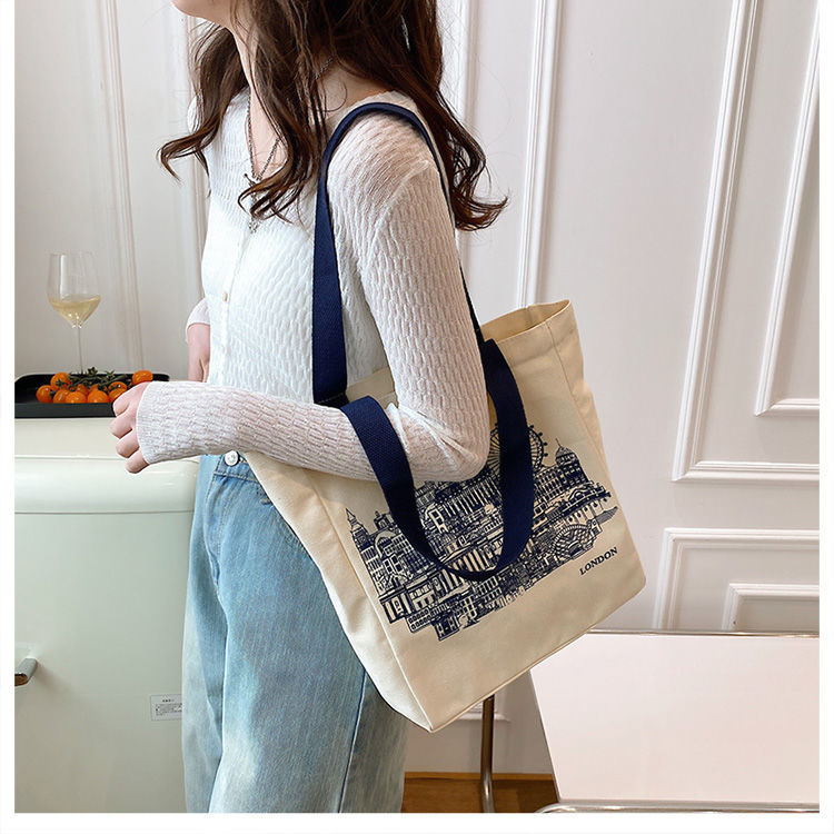 Casual Canvas Tote Bag Portable Foldable Opening Shoulder - Temu