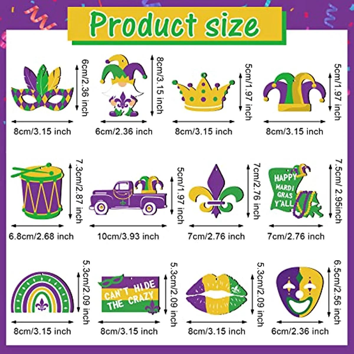 12pcs, Mardi Gras Decorations Wooden Ornaments Glitter Hanging For Tree  Purple Yellow Green Gnome Crown Mask Ornament Carnival Holiday Party Favors  (G
