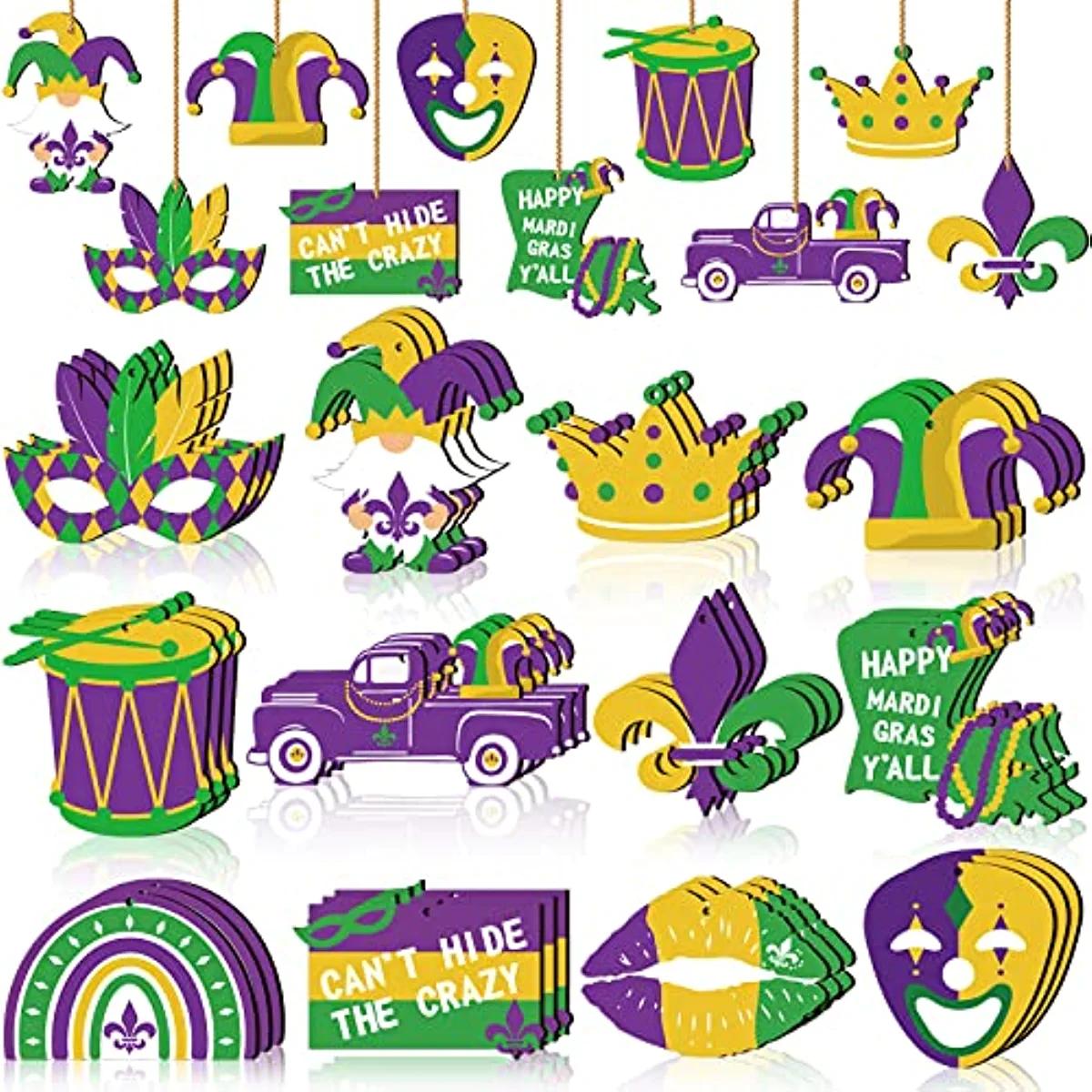 12pcs, Mardi Gras Decorations Wooden Ornaments Glitter Hanging For Tree  Purple Yellow Green Gnome Crown Mask Ornament Carnival Holiday Party Favors  (G