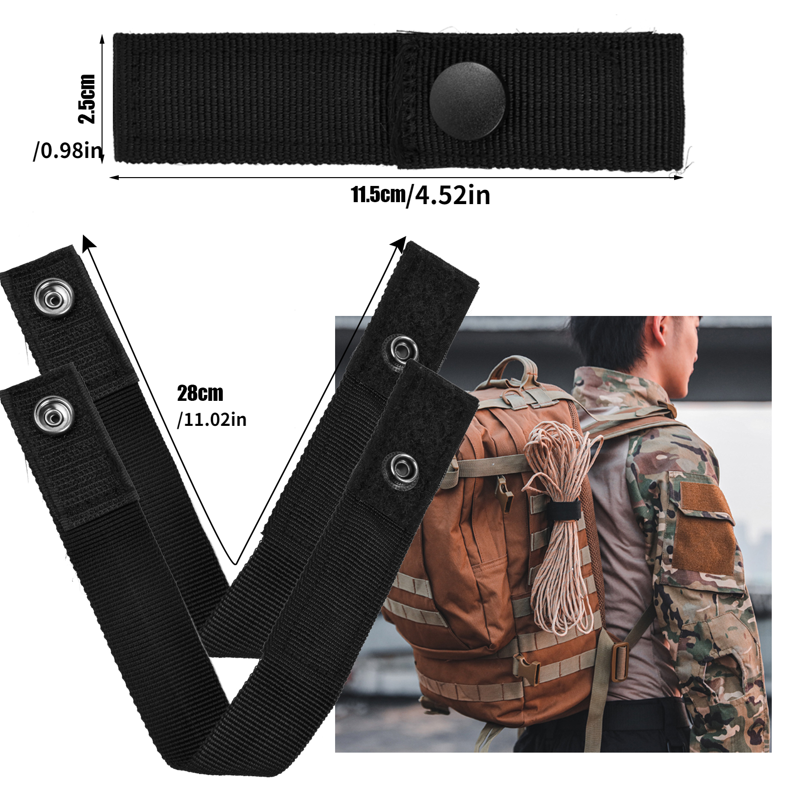 Tactical Molle D Type Nylon Attachment Straps for Bags and Backpacks black/  Set of 2 