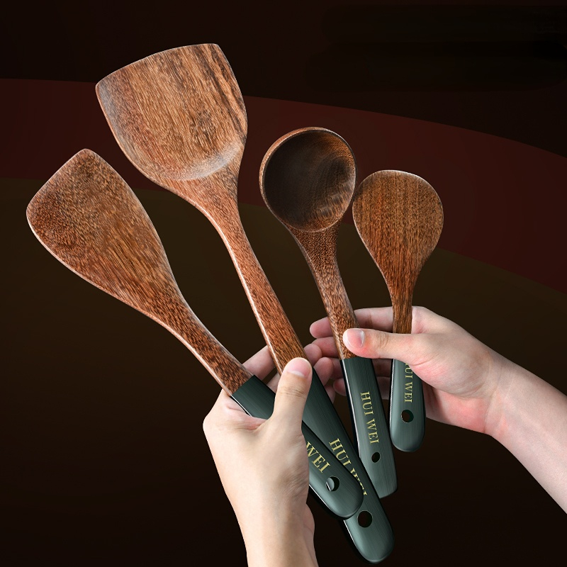 Juego de utensilios de cocina de madera, 5 piezas de acacia natural para  sartén antiadherente, herramienta de cocina, cucharón y espátulas wok